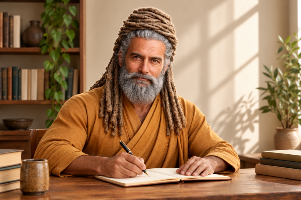 Aadvik Agastya writing in a notebook — illustrated author portrait