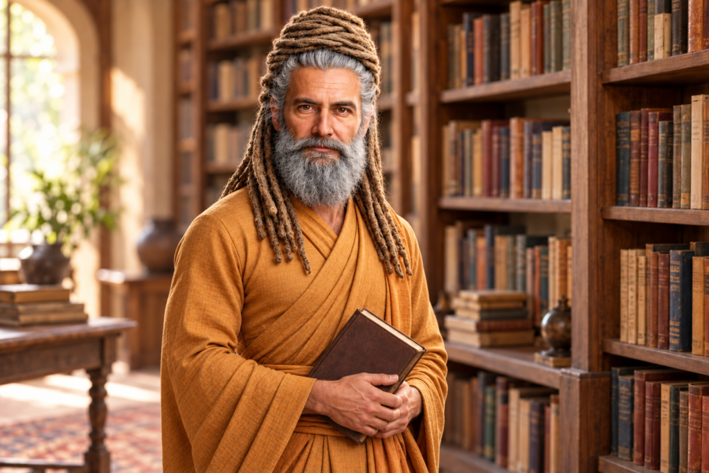 Aadvik Agastya standing among books — illustrated author portrait