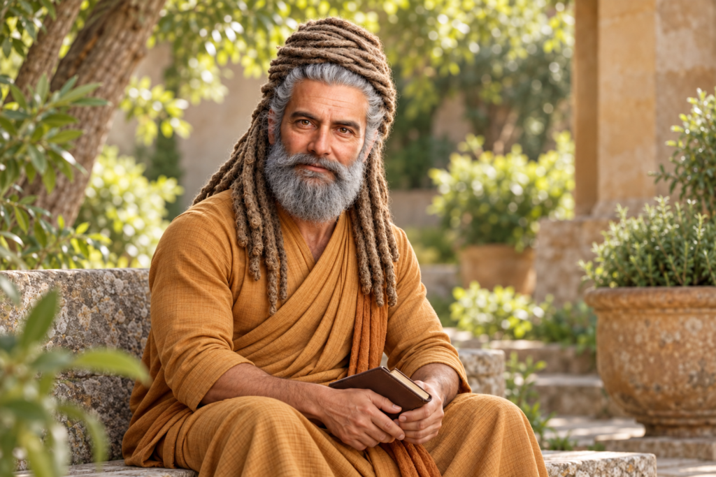 Aadvik Agastya reflecting in a leafy courtyard — illustrated author portrait